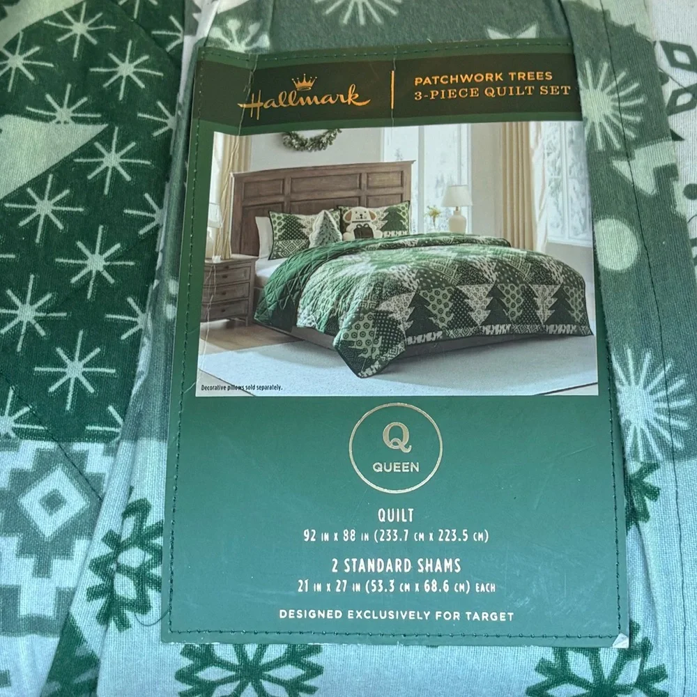 HALLMARK NWT patchwork trees 3pc quilt set -full/queen -green